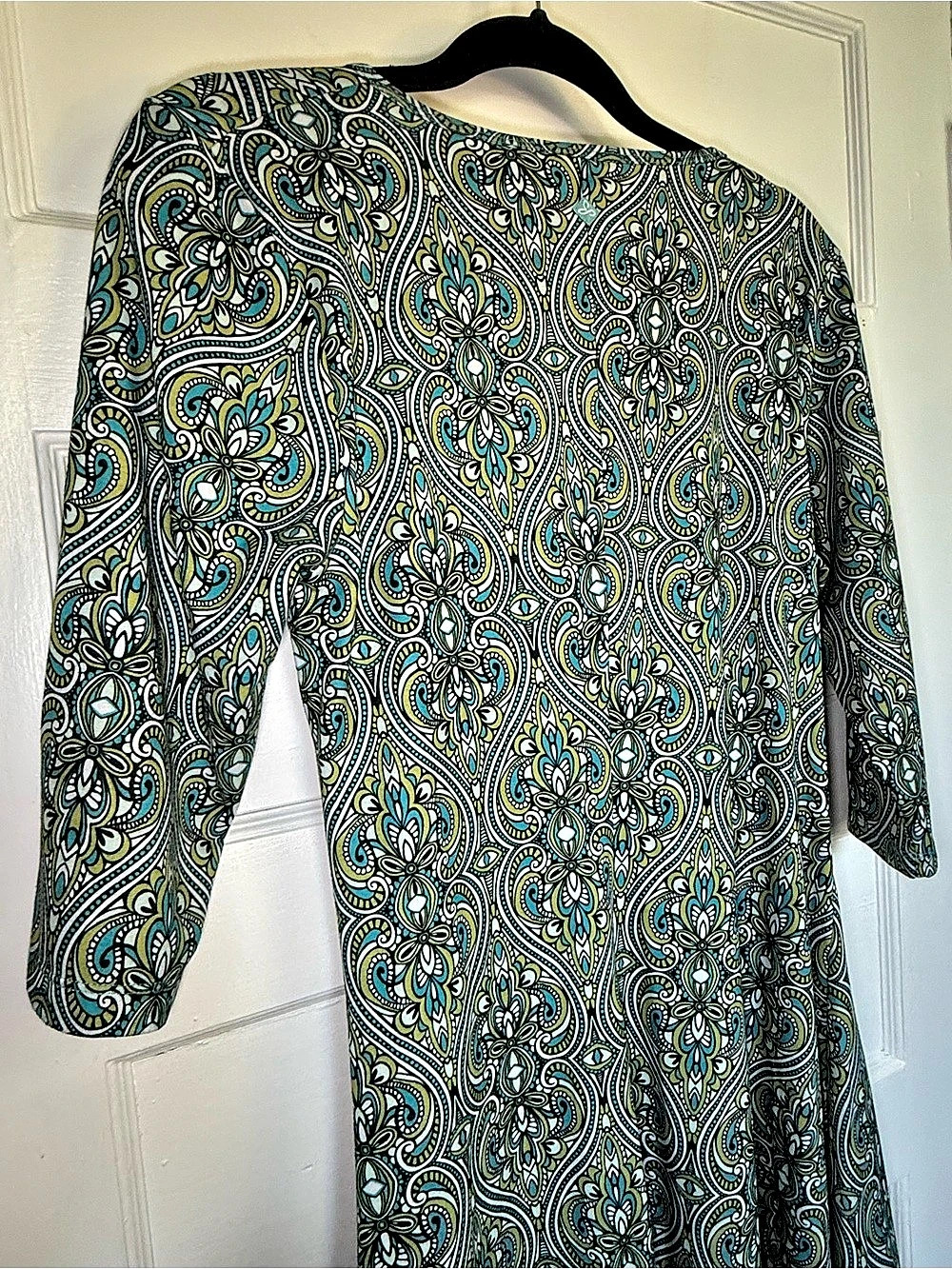 prAna Nadia Veeda V-Neck Faux Wrap 3/4 Sleeve Paisley Midi Dress Green & Blue XL - Picture 11 of 13
